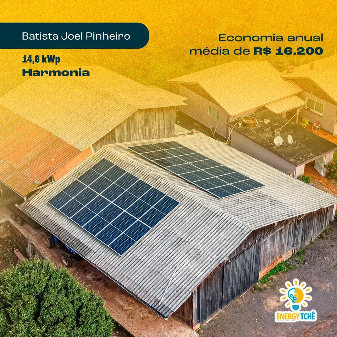 Sistema fotovoltaico de 14,6 kWp instalado pela Energy Tchê em Harmonia